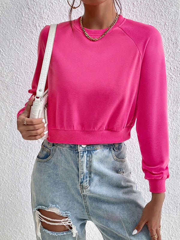 New women's long - sleeved round neck solid color sweater - Outerwear